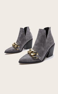 Block Heel Pointed Toe Chain Detail Ankle Boots In Grey