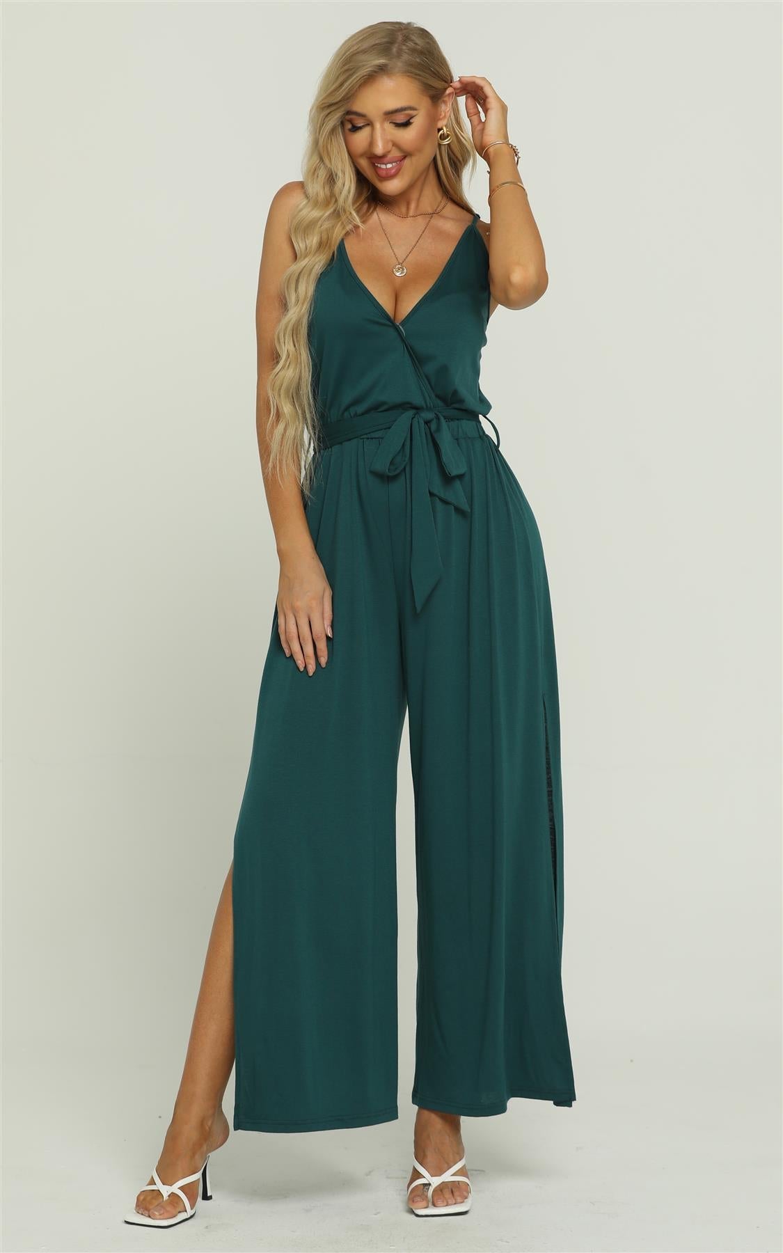 Simple Style Strappy Jumpsuit In Green