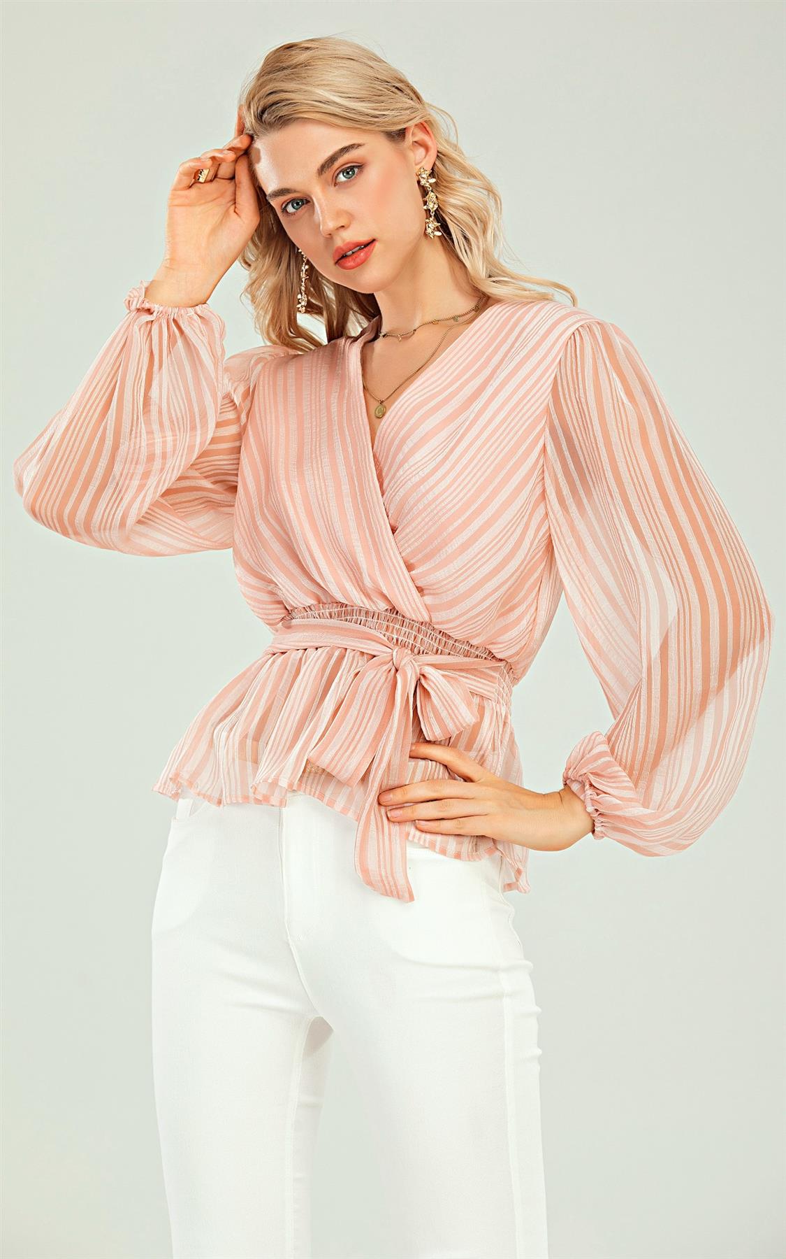 Long Sleeve V Neck Sheer Blouse In Pink