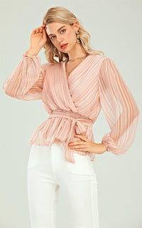 Long Sleeve V Neck Sheer Blouse In Pink
