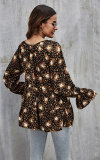 Gold Animal Print Smock Ruffle Top In Black
