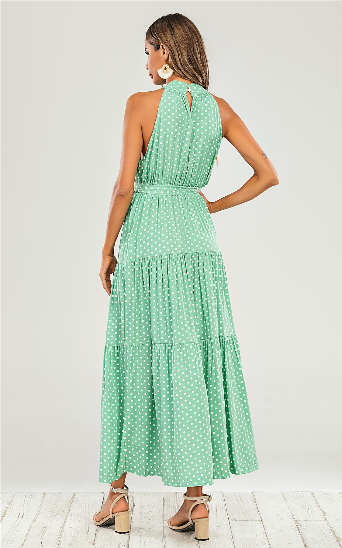Mint Green Halter Neck White Polka Dot Midi Layer Dress