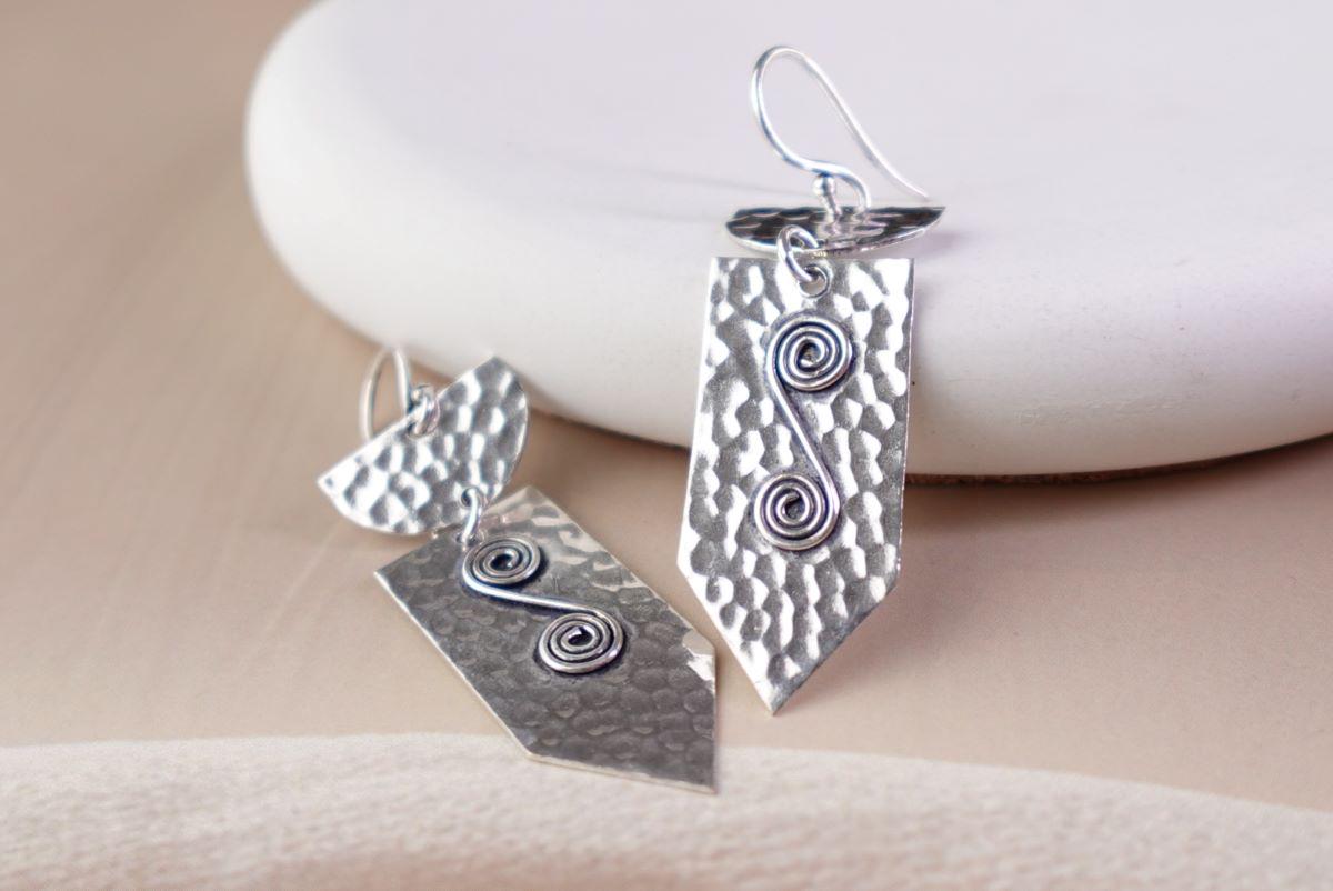 Gaia Hammered Shield Drops - Rustic Brass Earrings with Spiral Wire Detail.