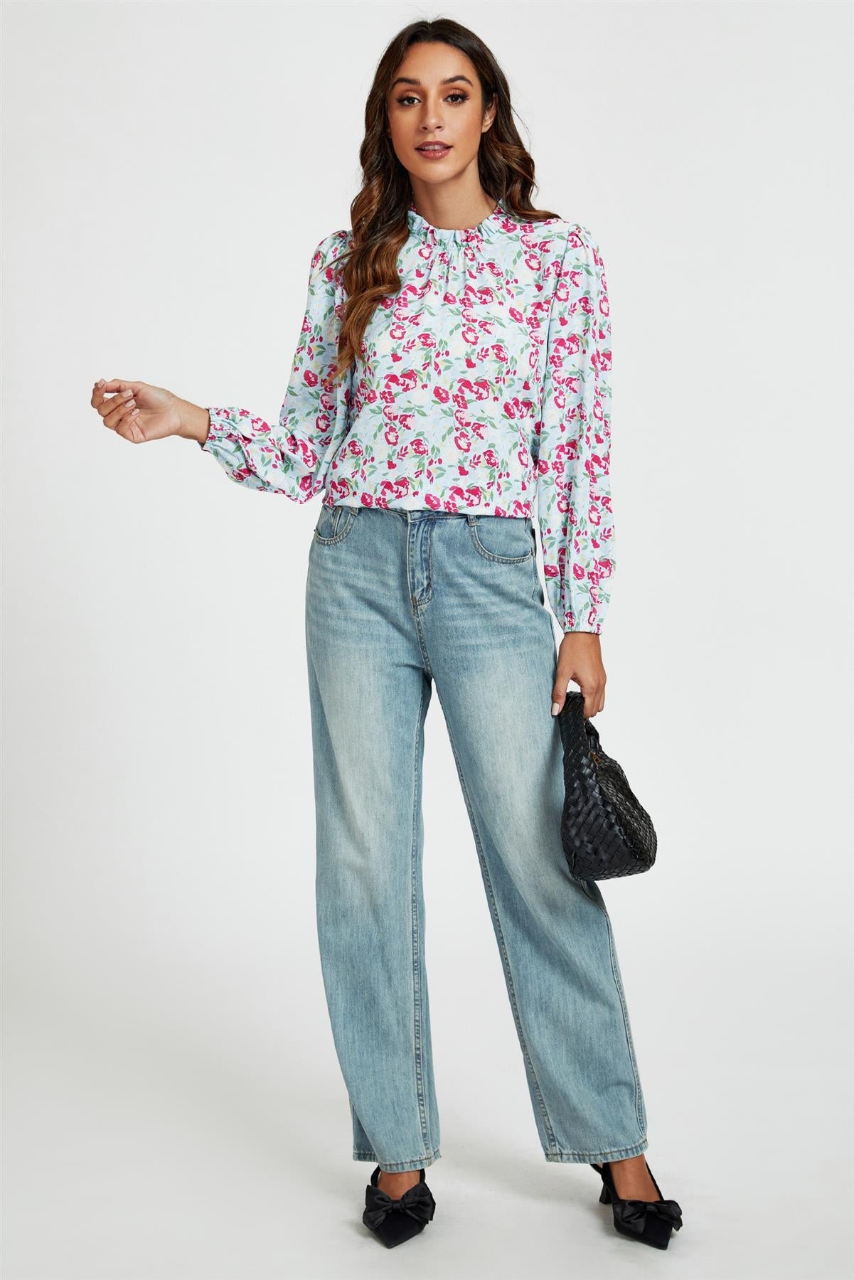 Floral Print Frill Detail High Neck Top In Blue & Pink