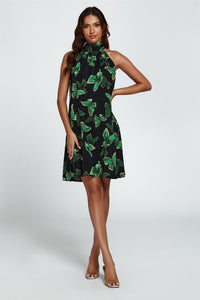 Butterfly Print Halter Neck Tie Back Mini Dress In Green