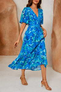 Abstract Floral Print Lace Detail Angel Sleeve Maxi Dress In Blue