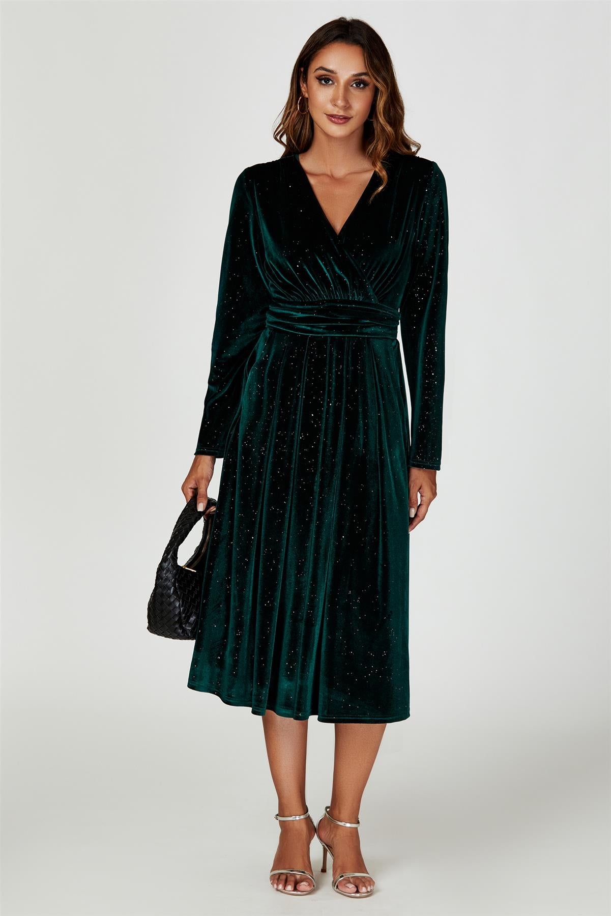 Silver Sparkly Velvet Wrap Top Midi Dress In Green