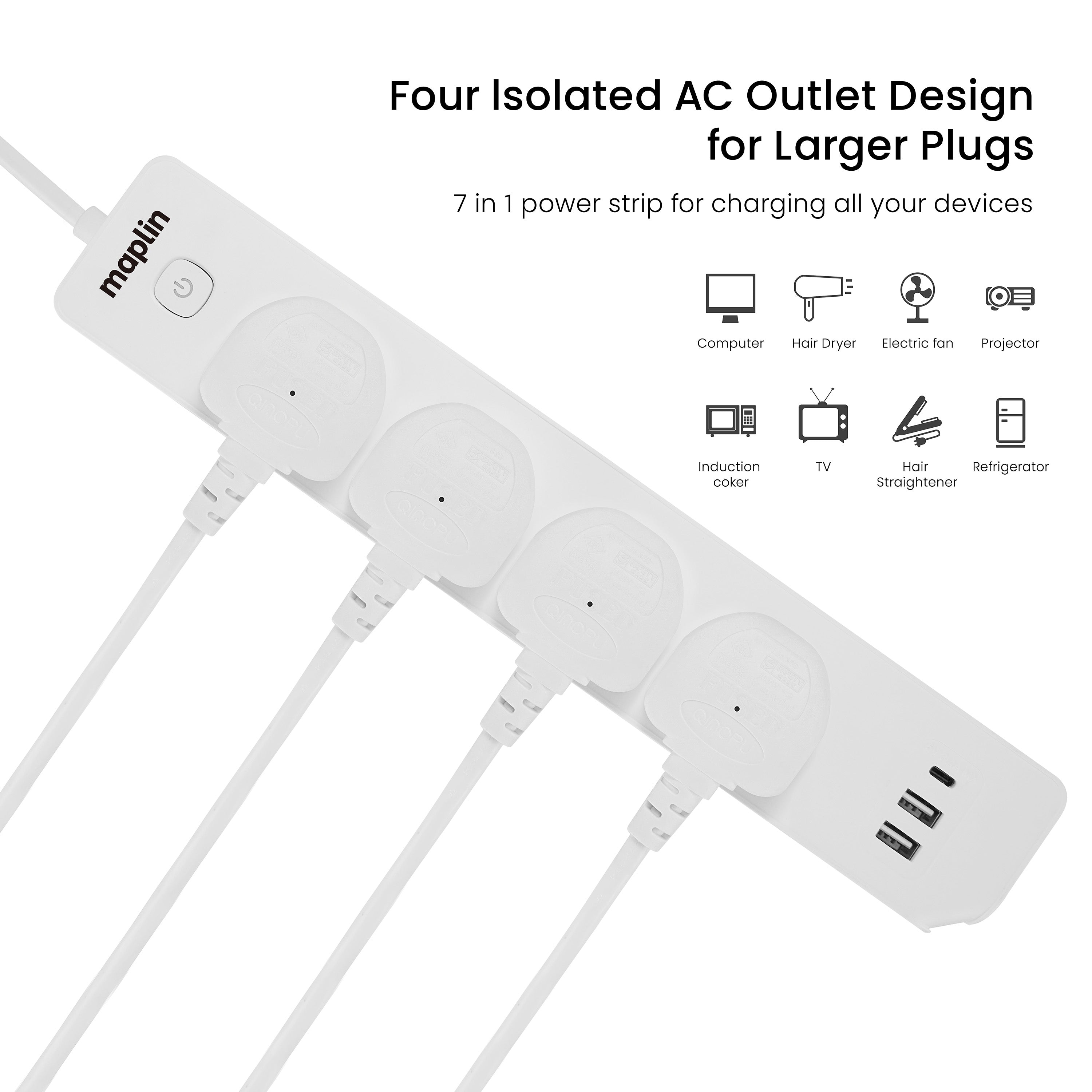 Maplin 1.8m 4 Socket 13 Amp Extension Lead with 2x USB-A / 1x USB-C Ports