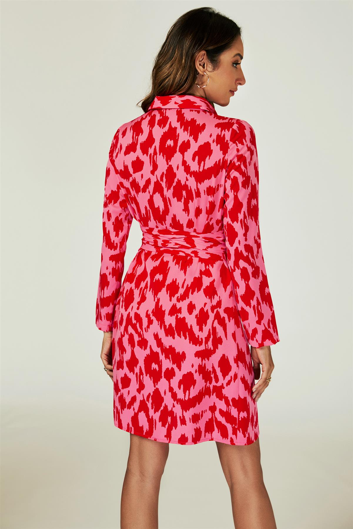 Abstract Print Shirt Mini Wrap Dress In Pink