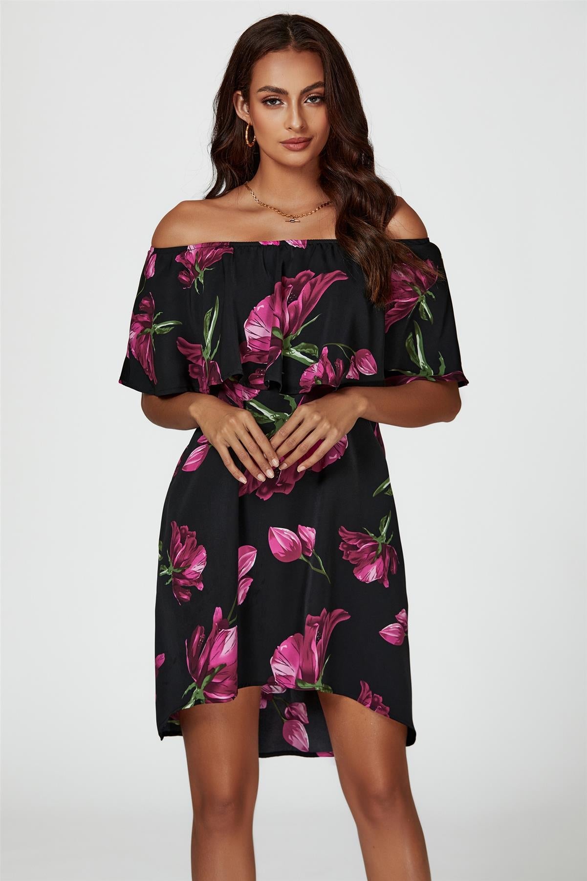Pink Floral Print Bardot Frill Off Shoulder Mini Dress In Black