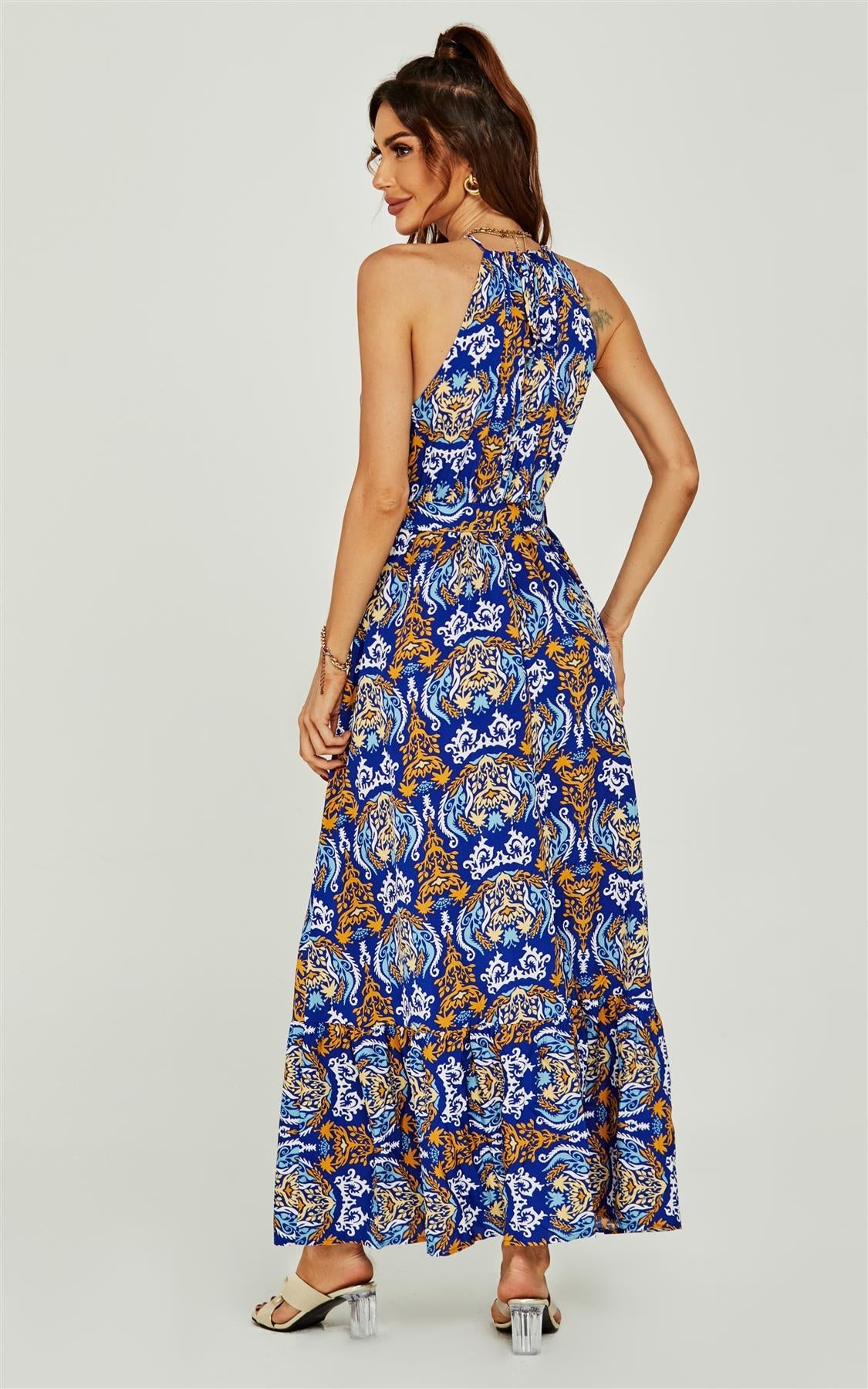 Rose Flora Print Halterneck Tiered Maxi Dress In Royal Blue