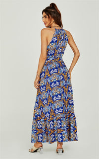 Rose Flora Print Halterneck Tiered Maxi Dress In Royal Blue