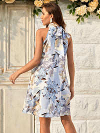 Floral Print Halter Neck Tie Back Mini Dress In Blue
