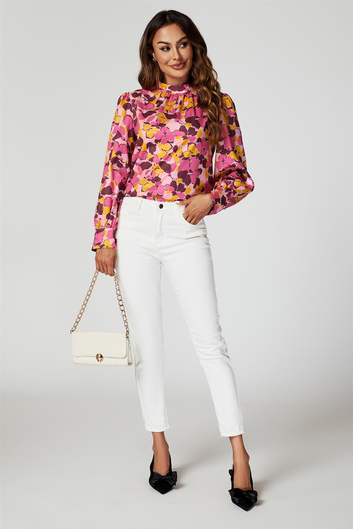Floral Print Long Sleeve High Neck Top In Pink