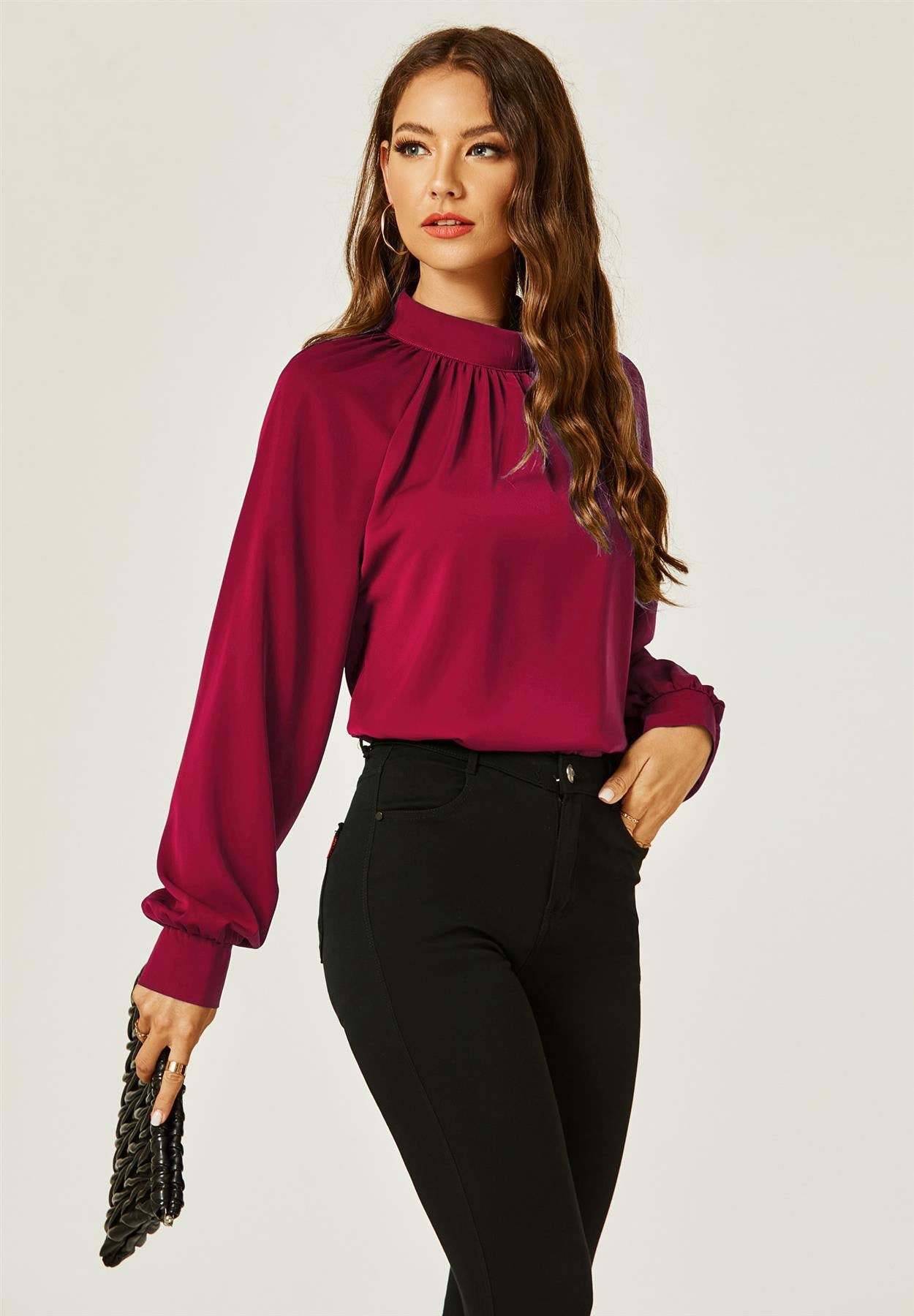 Halter Neck Long Sleeve Blouse Top In Wine Red