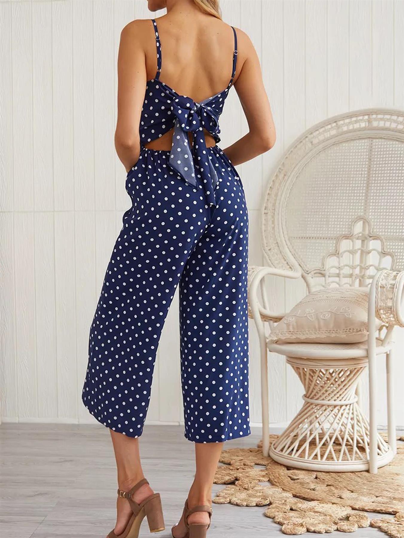 Tie Back Culotte Jumpsuit In Navy Polka Dot
