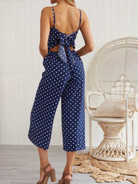 Tie Back Culotte Jumpsuit In Navy Polka Dot