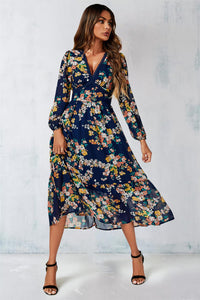 Floral Print Long Sleeve Maxi Dress In Navy