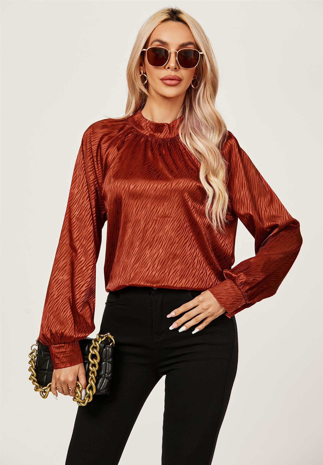 Halter Neck Satin Long Sleeve Blouse Top In Copper Red