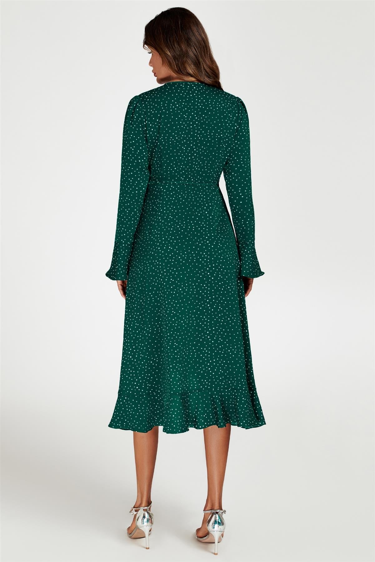 Dot Print Wave Front Frill Wrap Midi Dress In Green