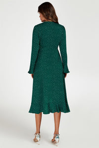 Dot Print Wave Front Frill Wrap Midi Dress In Green