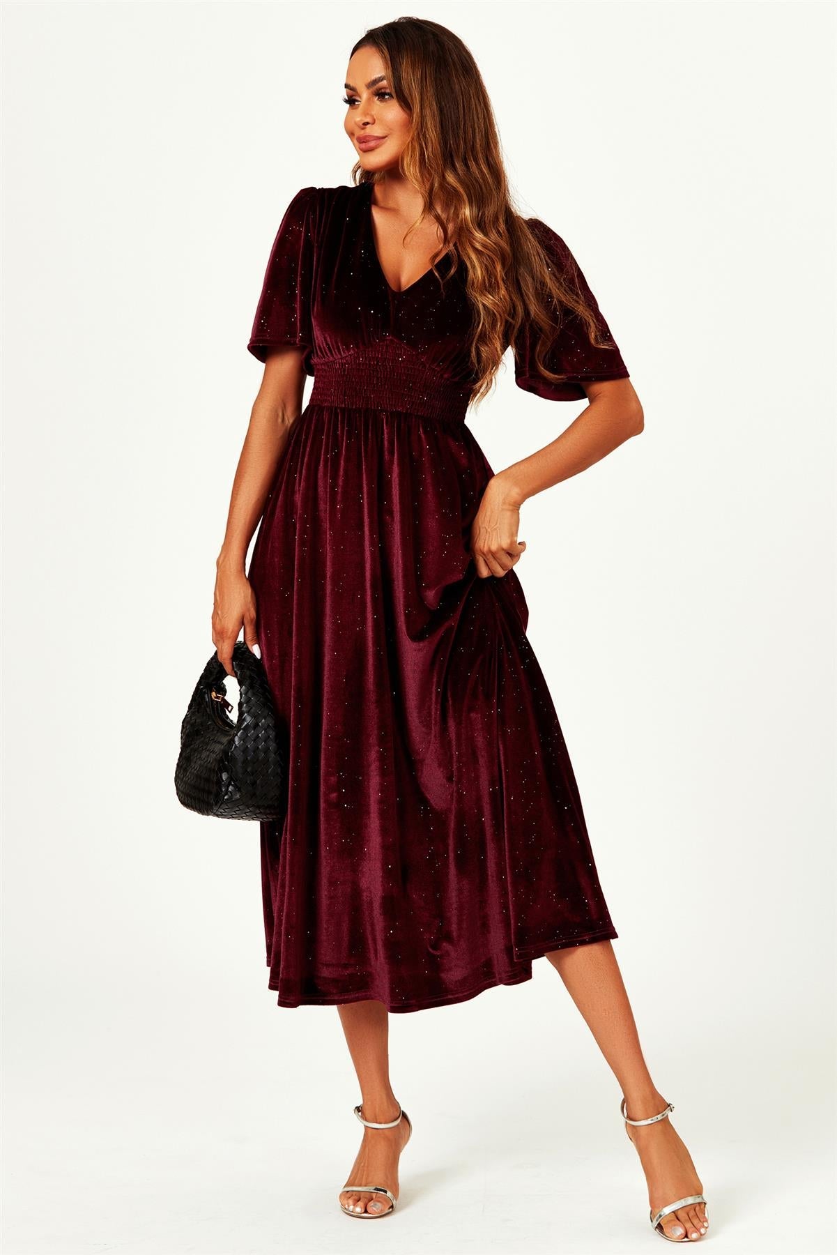 V Neck Velvet Midi Dress In Wine