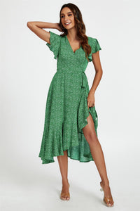 Little Floral Frill Sleeve Midi Wrap Dress In Green