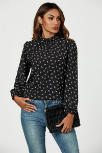 Bow Print Frill Detail High Neck Top In Black