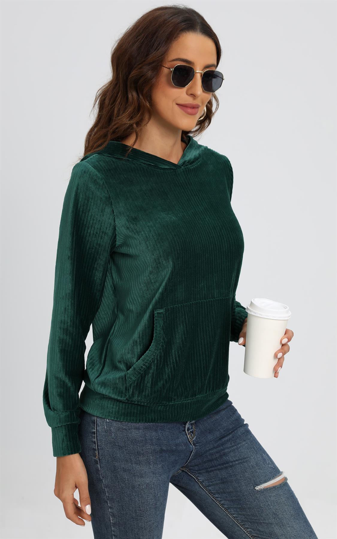 Velvet Hoodie Top With Pocket In Green