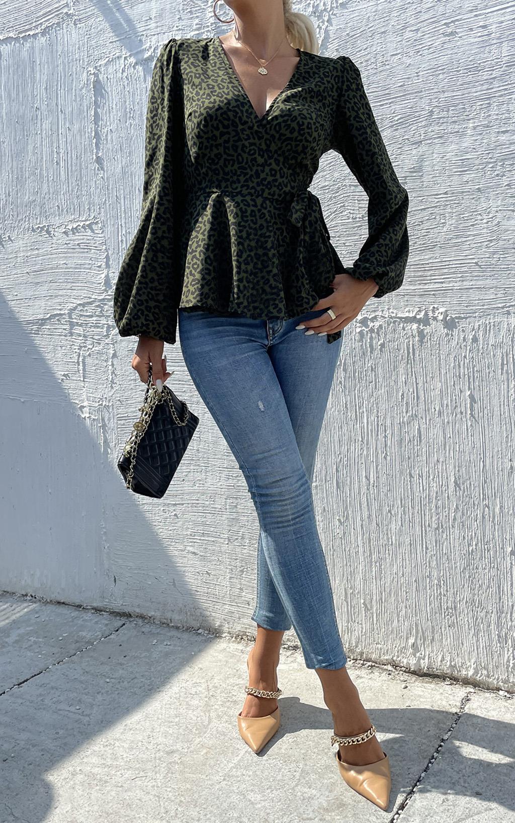 Long Sleeve V Neck Wrap Top/Blouse In Olive Green