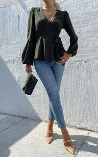 Long Sleeve V Neck Wrap Top/Blouse In Olive Green