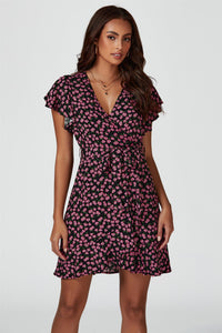 Floral Print Wrap Top Dress In Black