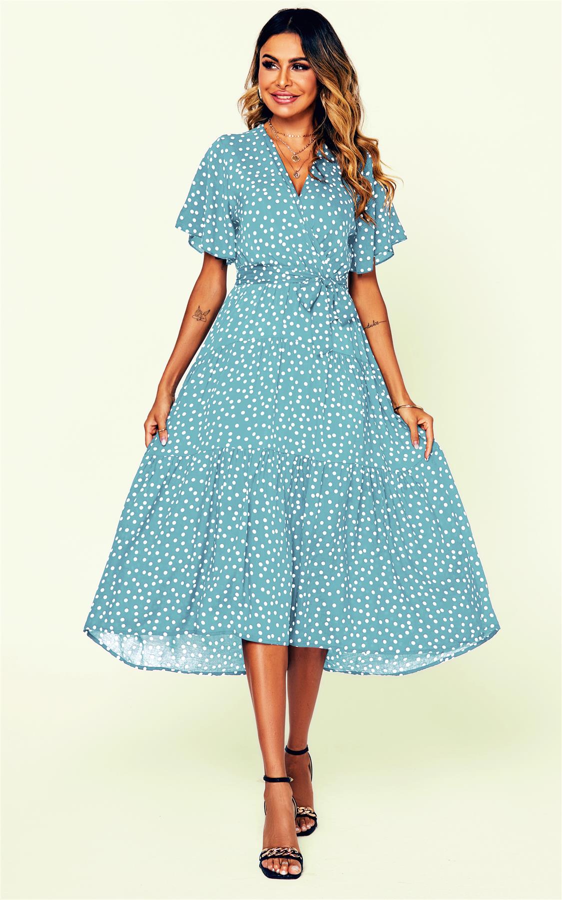 Polka Dot Hem Tiered Wrap Dress In Blue