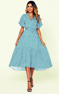 Polka Dot Hem Tiered Wrap Dress In Blue