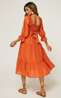 Puff Frill Sleeve Elasticated Detail Midi Dress In Orange