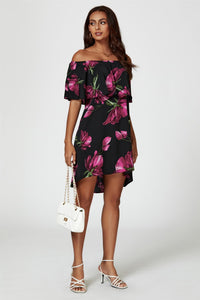 Pink Floral Print Bardot Frill Off Shoulder Mini Dress In Black
