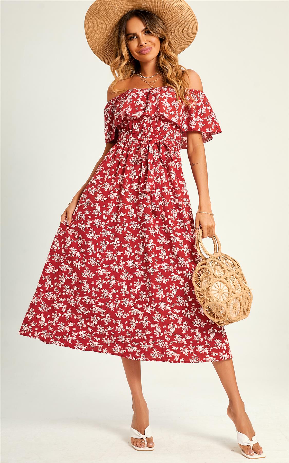 Little Flora Print Bardot Frill Midi Dress In Red