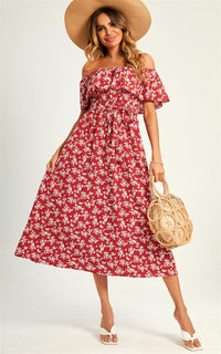 Little Flora Print Bardot Frill Midi Dress In Red