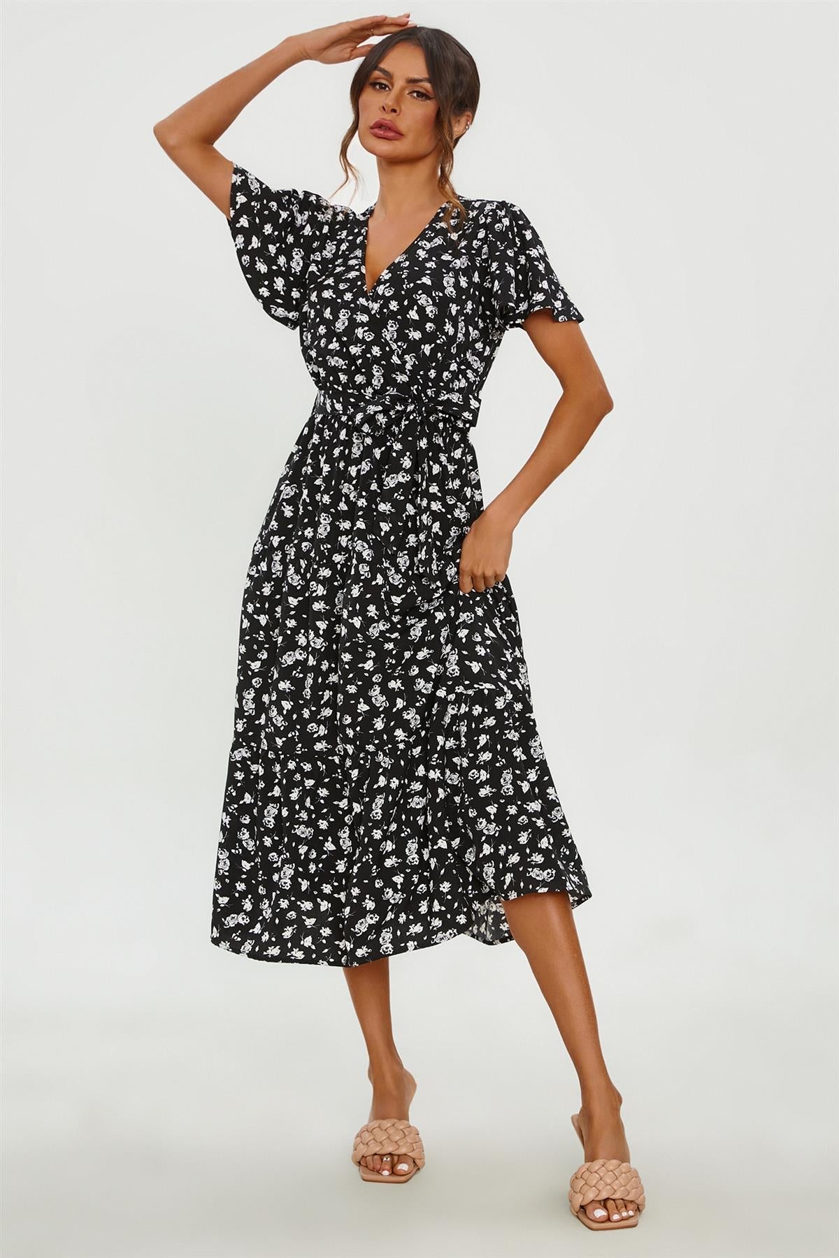 White Floral Print Hem Tiered Wrap Midi Dress In Black