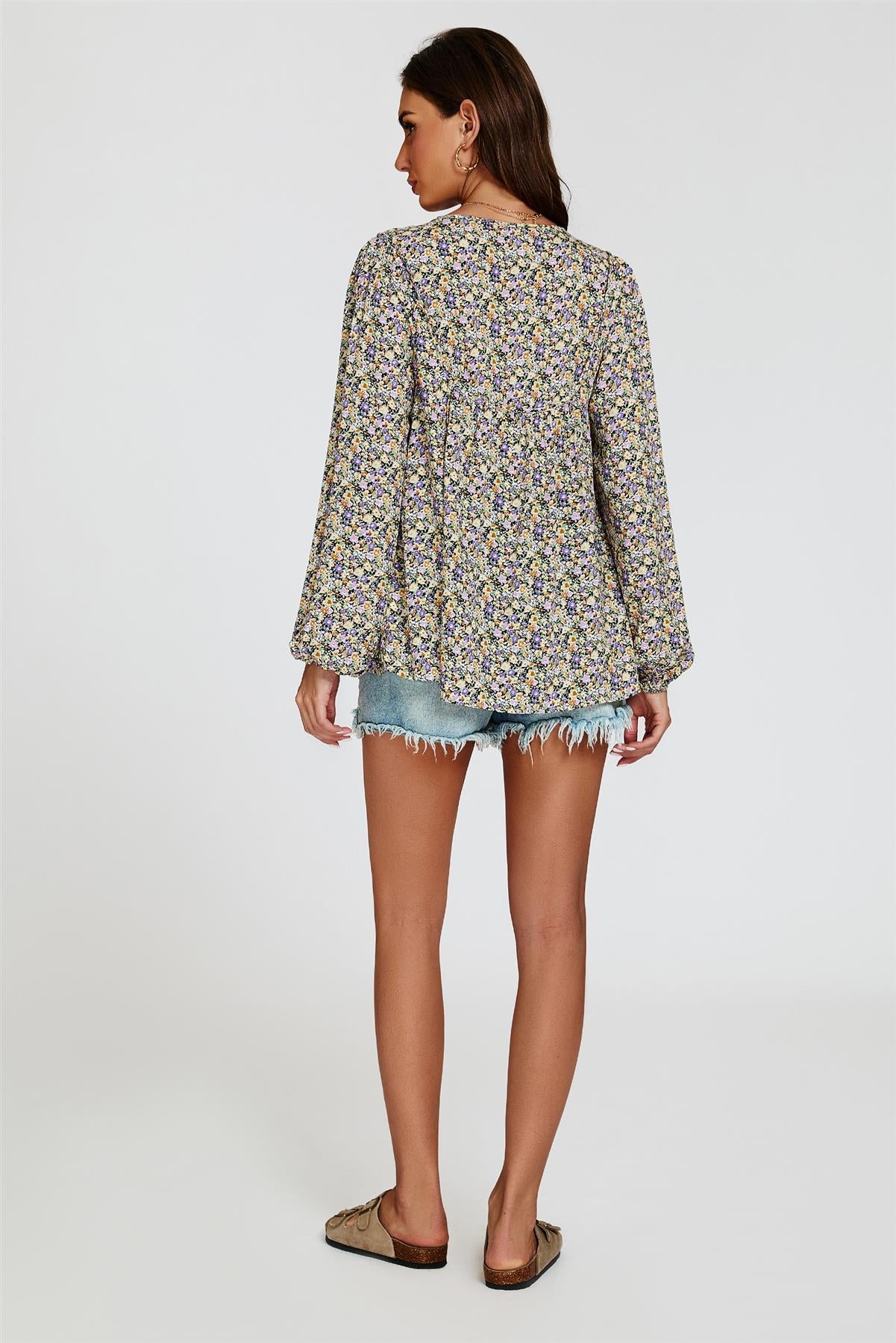 Floral Print long sleeve Blouse Top In Purple