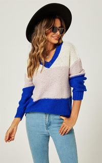 Stripe Block Colour Relaxed Knit Jumper Top In Blue & White