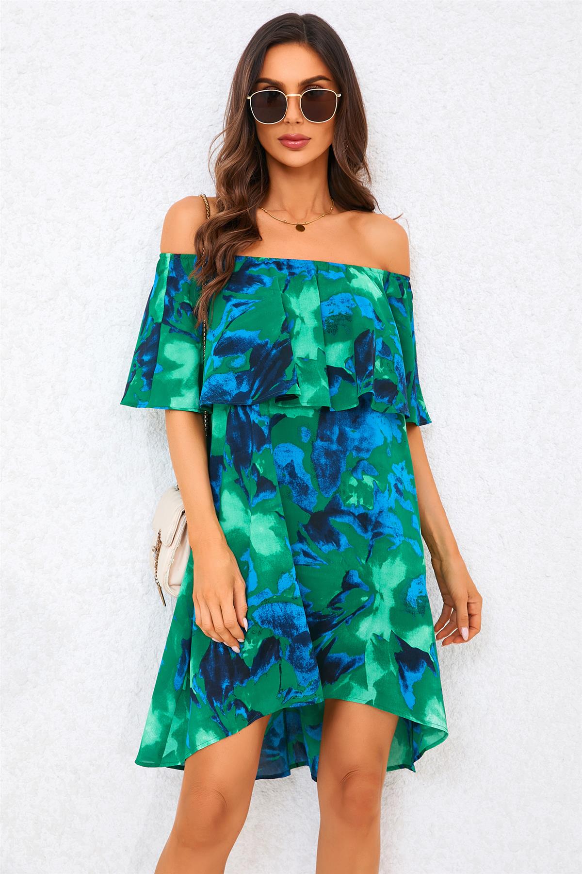 Abstract Floral Print Bardot Frill Off Shoulder Mini Dress In Green