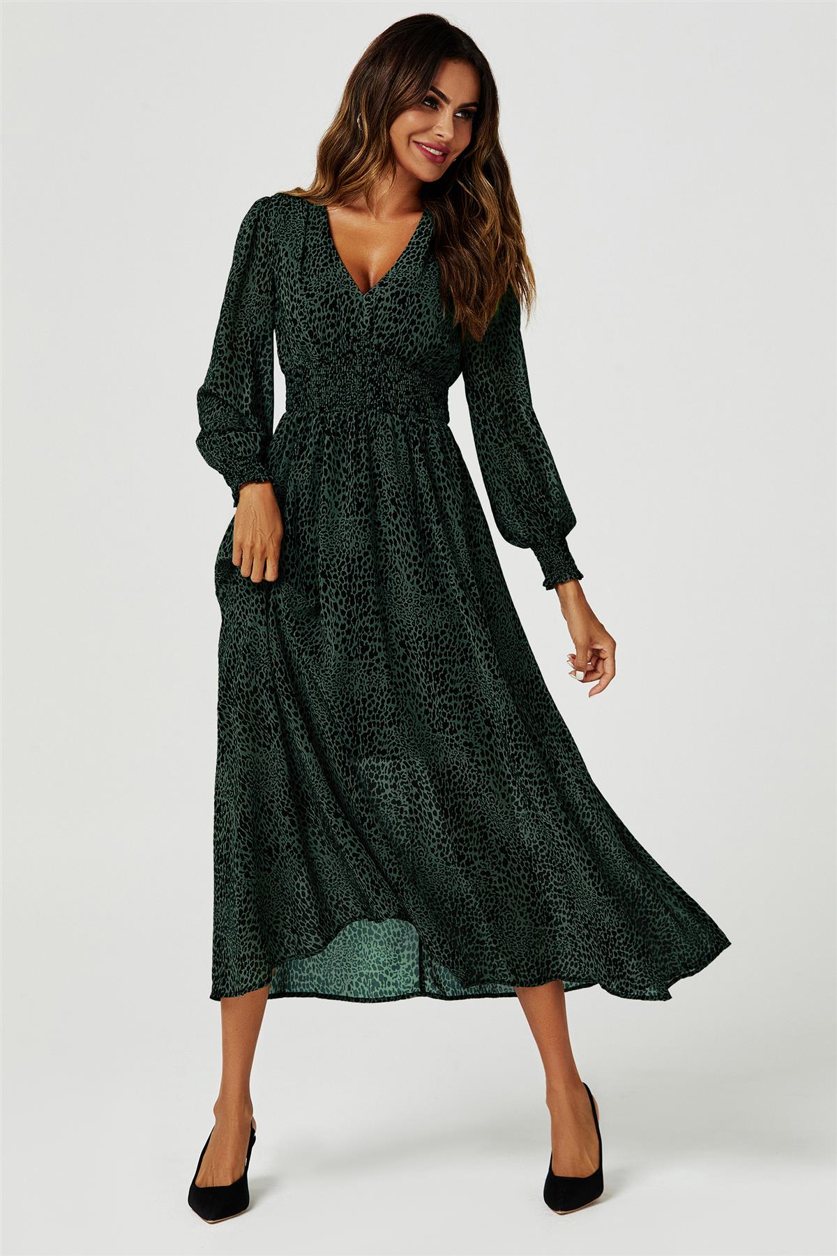 Leopard Print Long Sleeve Maxi Dress In Green