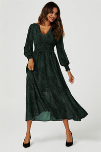 Leopard Print Long Sleeve Maxi Dress In Green