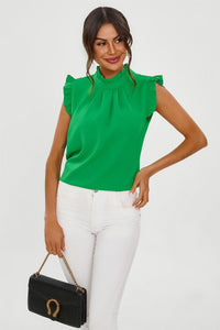 Frill Trim Sleeve High Neck Blouse Top In Light Green