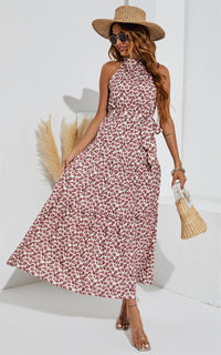 Rose Garden Halter Neck Maxi Layer Dress In Pink Flora Print