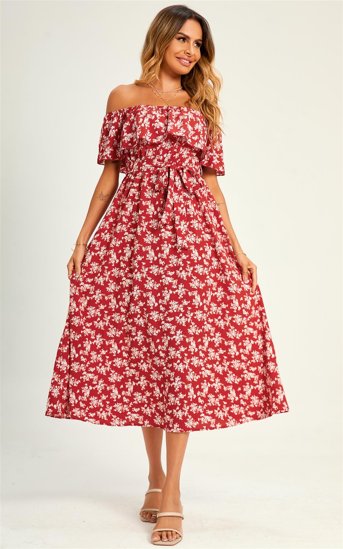 Little Flora Print Bardot Frill Midi Dress In Red