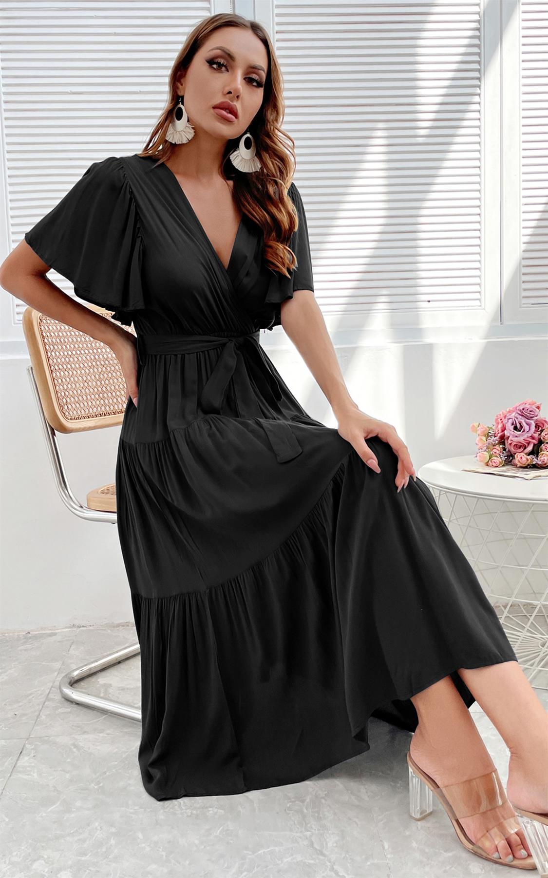 Flutter Sleeve Midi Wrap Dress In Black