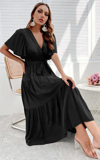 Flutter Sleeve Midi Wrap Dress In Black