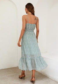 Leopard Print Button Detail Strappy Maxi Dress In Green